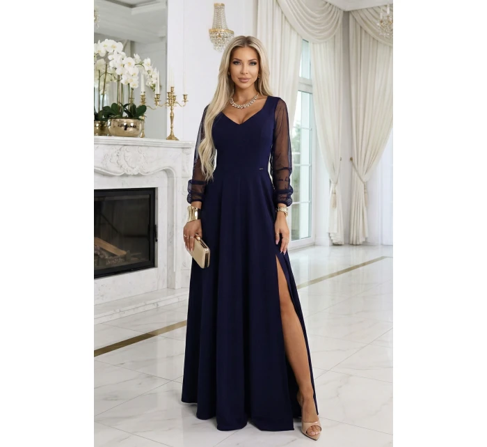 LORETTA dlouhé šaty s rukávy a výstřihem tmavě modré model 21941595 - numoco