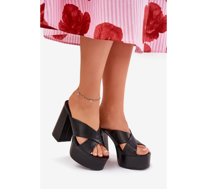 Klapki Damskie Na Platformie I Słupku Czarne Lenobos Klapki Damskie Na Platformie I Słupku Czarne Lenobos