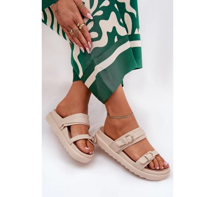 Klapki Damskie Na Platformie Ze Złotymi Klamrami Beżowe Wernone