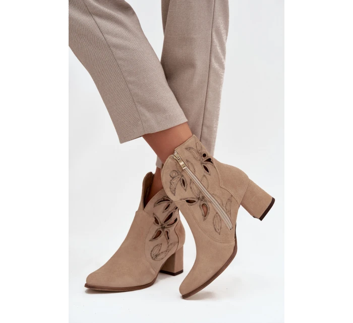 Zamszowe Ażurowe Botki Damskie Na Słupku Zazoo 3647 Beżowe