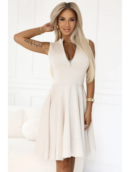 573-3 Exkluzívne šaty s rozšíreným spodným dielom a zlatým zipsom - béžové