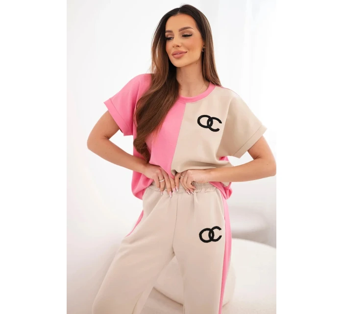 Dámský máslový komplet s oversize mikinou a širokými kalhotami růžová + béžová