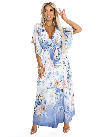 model 22401918 Vzdušné maxi šaty s obálkovým výstřihem a květinovým vzorem BLUE ROSE - numoco basic