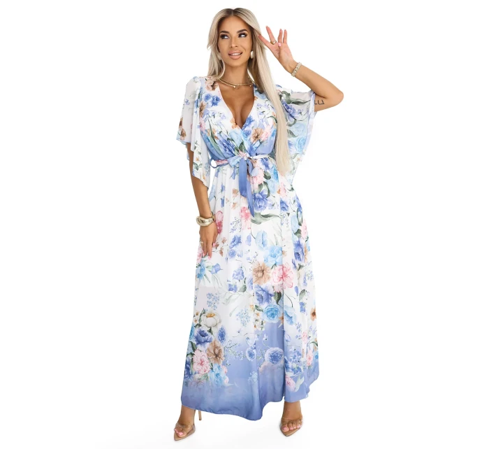 model 21178444 Vzdušné maxi šaty s obálkovým výstřihem a květinovým vzorem BLUE ROSE - numoco basic