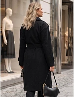 Dlhý dámsky kabát s viazaním v pase, čierny, FashionStreet NY0809 Dlhý dámsky kabát s viazaním v pase, čierny, FashionStreet NY0809