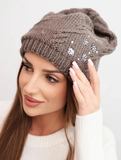 Dámská zimní čepice vlněná s krystaly a vzorem model 21859343 mocca - K-Fashion