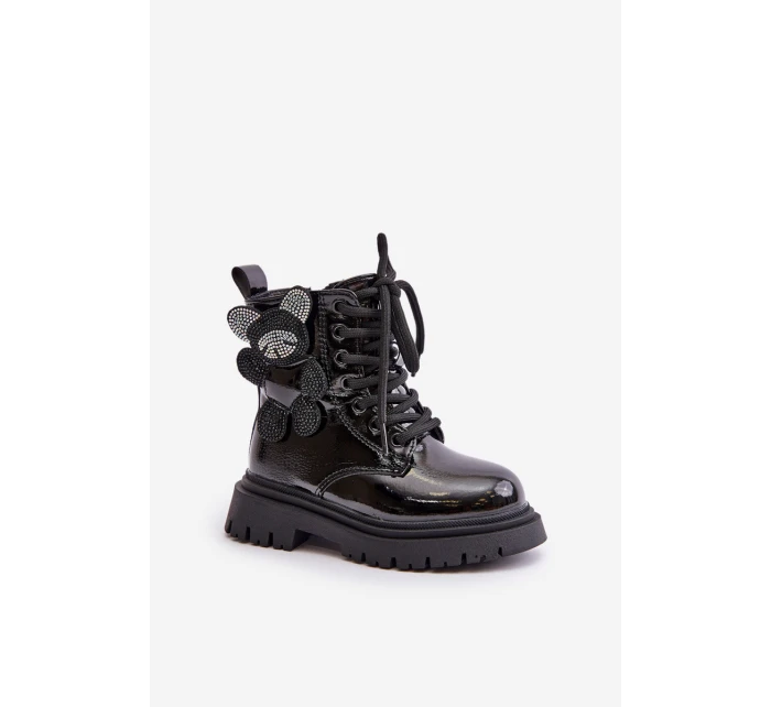 Zateplené dívčí botky s medvídkem na zip lakované černé Relobia