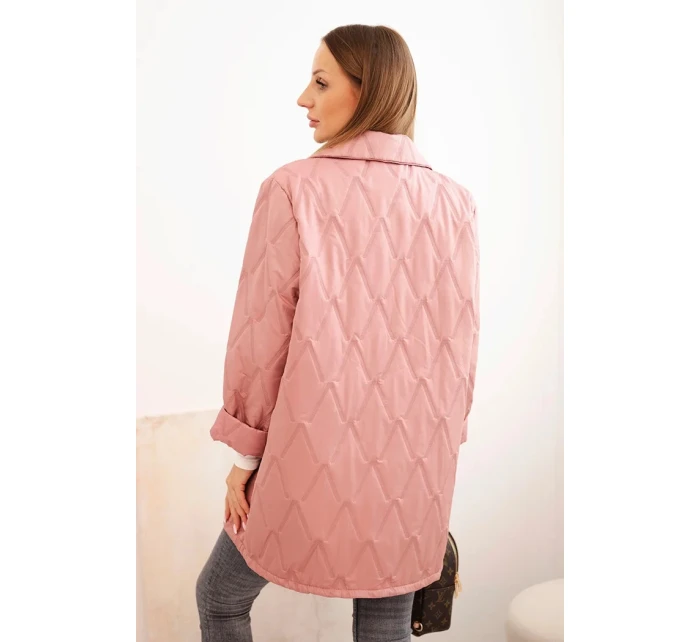Dámska prešívaná bunda s golierom a gombíkom v tmavoružovej farbe
