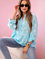 Ľanová blúzka s kvetinovým vzorom 22062 modrá - Kesi