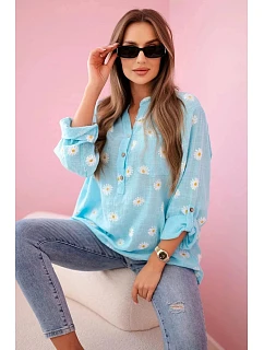 Ľanová blúzka s kvetinovým vzorom 22062 modrá - Kesi