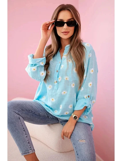 Ľanová blúzka s kvetinovým vzorom 22062 modrá - Kesi