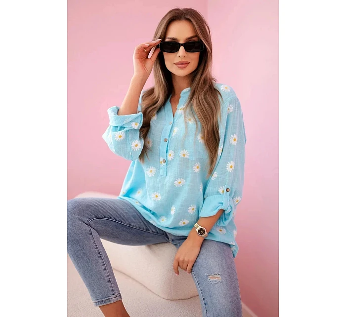 Ľanová blúzka s kvetinovým vzorom 22062 modrá - Kesi