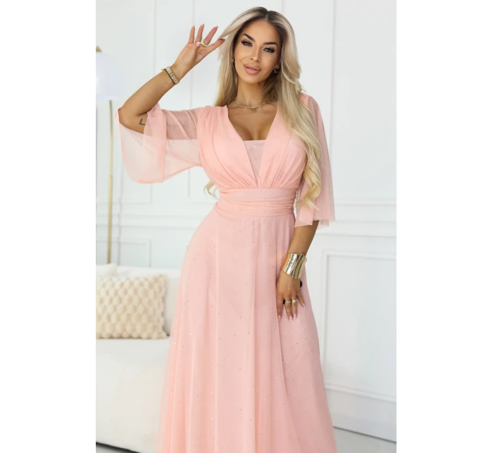 654-4 Dlhé trblietavé šaty nadmernej veľkosti s výstrihom a priehľadnými rukávmi - broskyňové