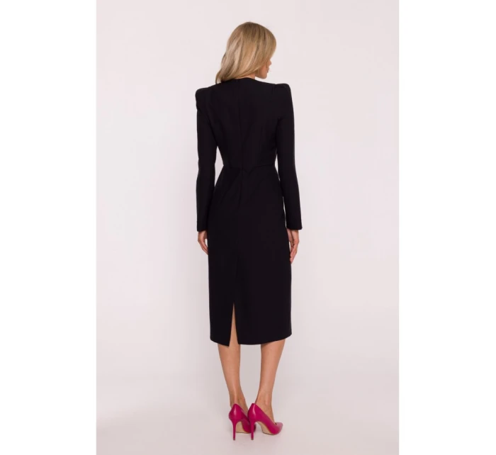 S412 Šaty v tvare ceruzky s ozdobnými ramenami - čierne