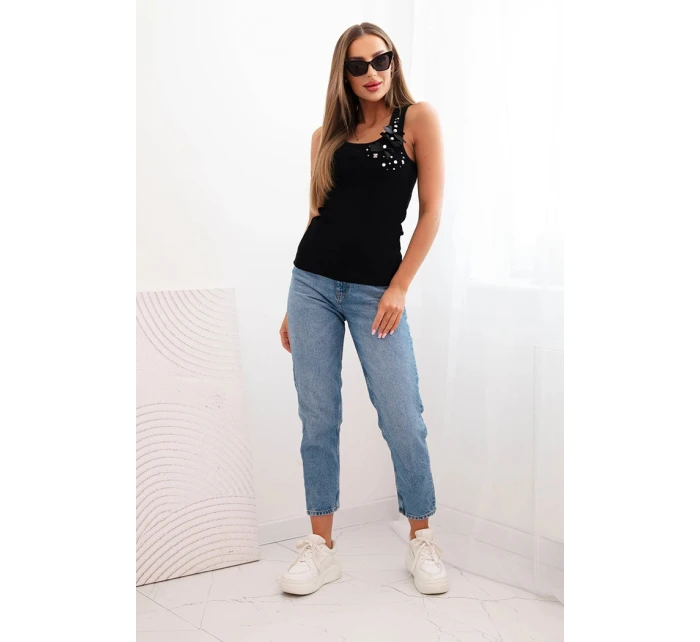 Dámský žebrovaný top z bavlny s květinovou aplikací černá