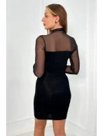 Pletené šaty s tylovými rukávmi a výstrihom čierny Pletené šaty s tylovými rukávmi a výstrihom čierny