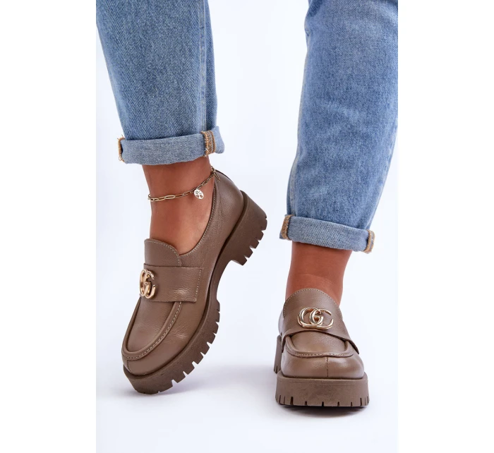 Damskie Półbuty Skórzane Z Ozdobą Ciemnobeżowe Rosefalls