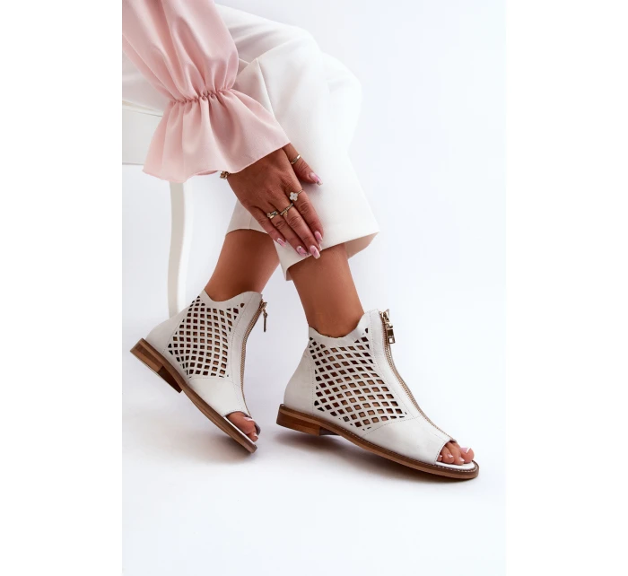 Zazoo 977/L Skórzane Ażurowe Sandały Na Zamek Białe