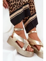 Sandały Damskie Na Platformie I Koturnie Eko Skórzane Złote Tenzorus Sandały Damskie Na Platformie I Koturnie Eko Skórzane Złote Tenzorus