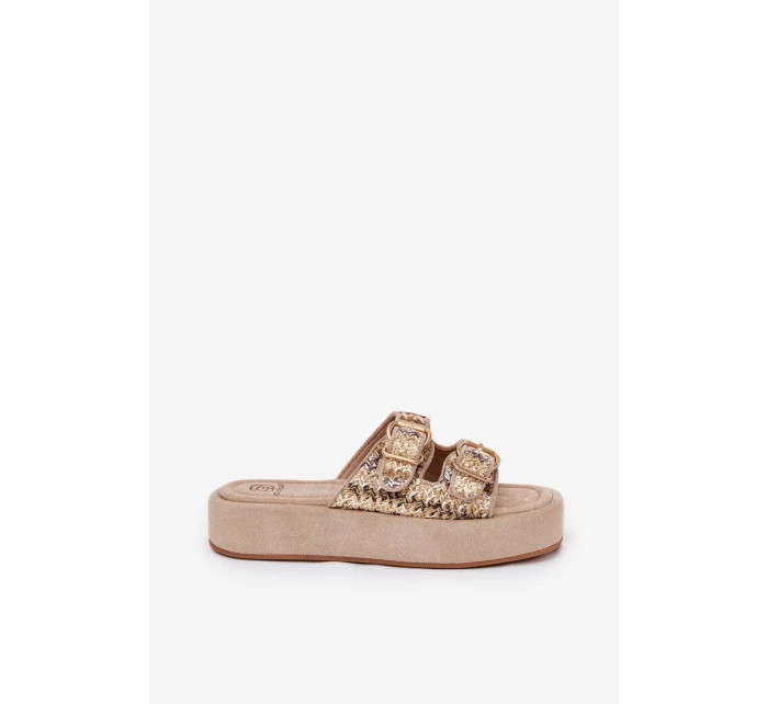 Klapki Damskie Na Platformie Z Klamrami I Plecionką Khaki Limme Klapki Damskie Na Platformie Z Klamrami I Plecionką Khaki Limme