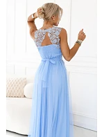 672-1 Romantické svadobné maxi šaty s vyšívanou čipkou a tylom - modré 672-1 Romantické svadobné maxi šaty s vyšívanou čipkou a tylom - modré