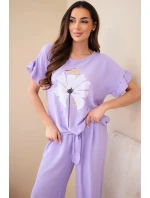 Dámský viskózový komplet s halenkou s potiskem a kalhotami světle fialový