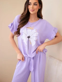 Dámský viskózový komplet s halenkou s potiskem a kalhotami světle fialový