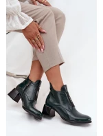 Skórzane Lakierowane Botki Na Klocku Z Ozdobnym Detalem Ocieplane Zazoo 60560 Ciemnozielone
