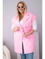 Dámske Plus veľkosť prešívaná vesta s opaskom a golierom svetlo ružová