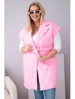 Dámske Plus veľkosť prešívaná vesta s opaskom a golierom svetlo ružová