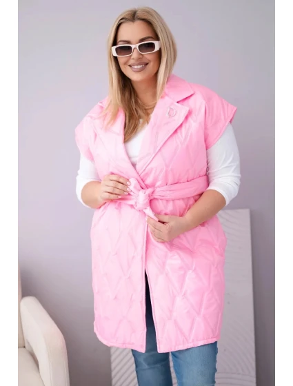 Dámske Plus veľkosť prešívaná vesta s opaskom a golierom svetlo ružová