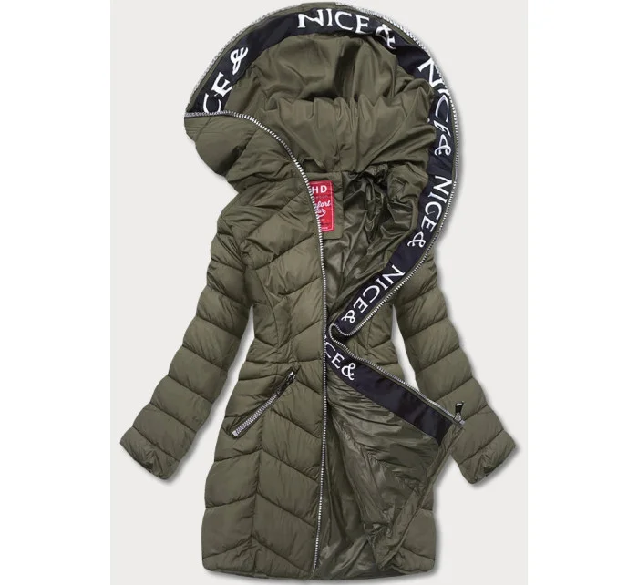 Péřová dámská bunda v khaki barvě pro přechodné období model 17729169 - LHD Péřová dámská bunda v khaki barvě pro přechodné období model 17729169 - LHD