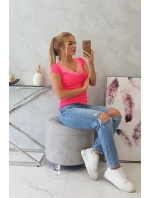 Blúzka s čipkovým výstrihom ružová neónová