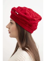 Dámská zimní čepice s ozdobným pletením a krystalky model 21878105 červená - K-Fashion