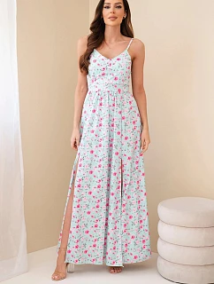 Dámske maxi šaty s kvetinovým vzorom na ramienkach so zaväzovaním na chrbte mätové