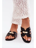 Ploché Dámské Pantofle S Páskem A Zlatým Detalem Černé model 21703742 - Boto Ploché Dámské Pantofle S Páskem A Zlatým Detalem Černé model 21703742 - Boto