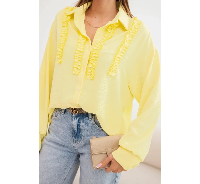 Dámská viskózová košile s dlouhým rukávem a volány žlutá