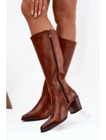 Kožené Kozačky Na Podpatku S Přezkou Zateplené model 21772427 Hnědé - Zazoo