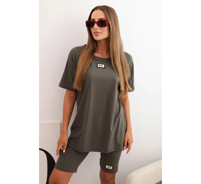 Dámský bavlněný komplet s krátkým rukávem a šortkami khaki