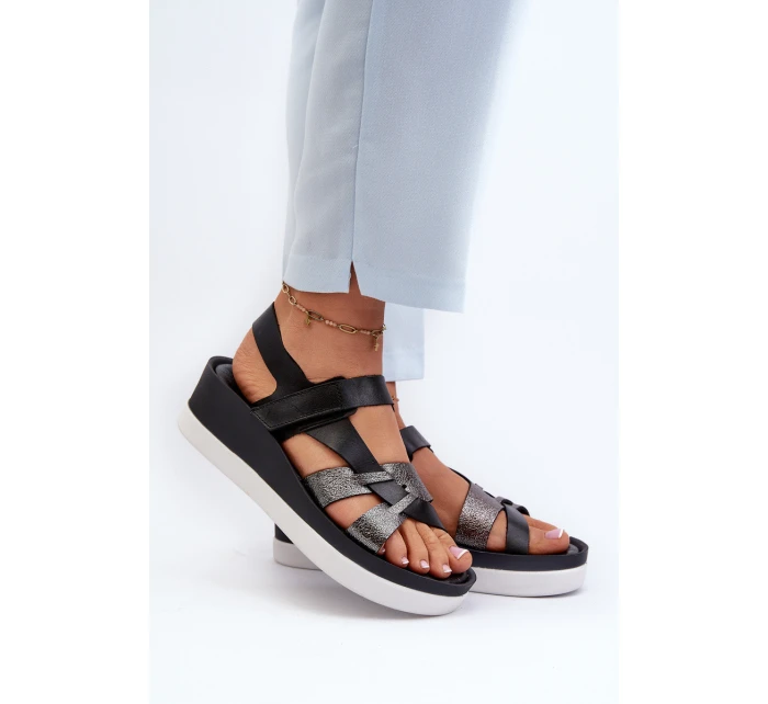 Zazoo 40397 Damskie Skórzane Sandały Na Platformie Czarne