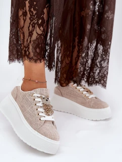 Sneakersy Na Platformie Z Przypinką Miś S.Barski BF51-014 Beżowe