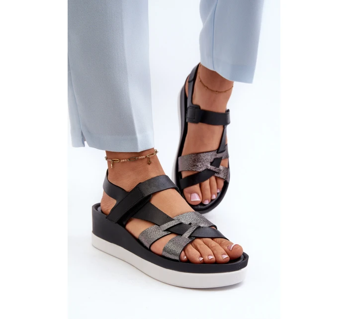 Zazoo 40397 Damskie Skórzane Sandały Na Platformie Czarne