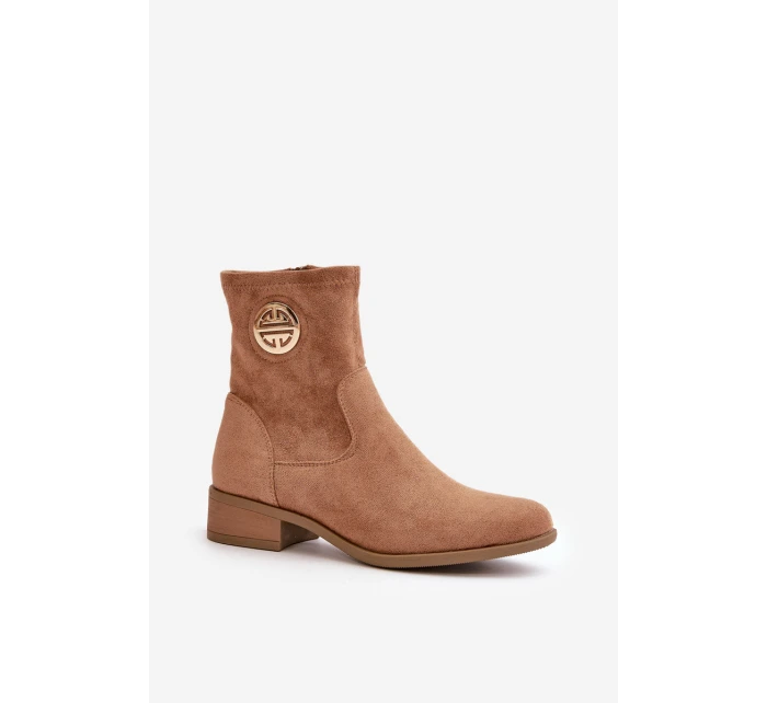 Botki Damskie Zapinane Na Zamek Z Ozdobnym Detalem Eko Zamszowe Beżowe Lerioria