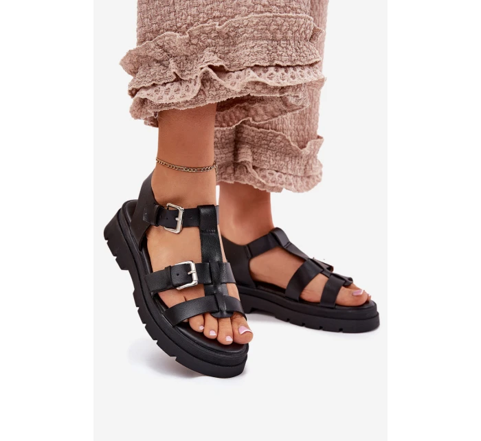 Sandały Damskie Eko Skórzane Z Klamrami Czarne Jeneliena Sandały Damskie Eko Skórzane Z Klamrami Czarne Jeneliena