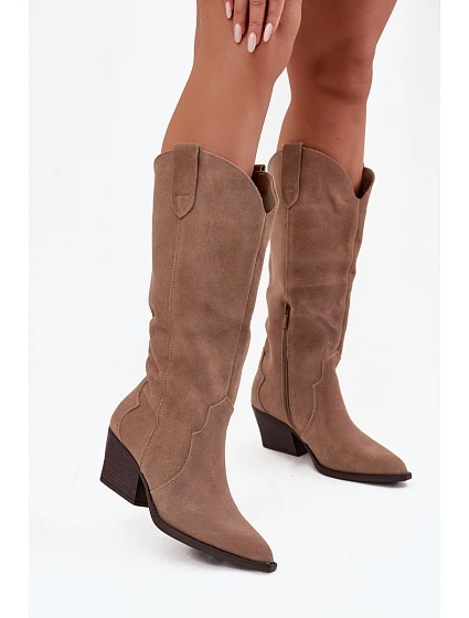 Kožené Semišové Kozačky Dámské Zateplené Khaki model 21714867 - Boto