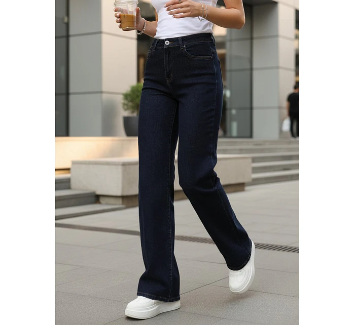 Dámske džínsy s vysokým pásom a širokými nohavicami tmavomodré FashionStreet UY2940