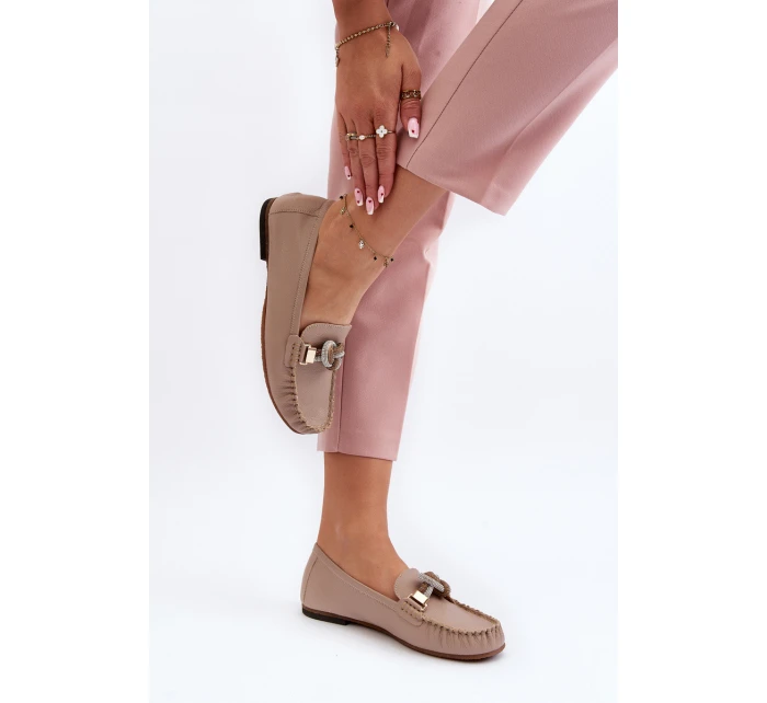 Skórzane Mokasyny Damskie Z Ozdobą Laura Messi 2761 Beżowe