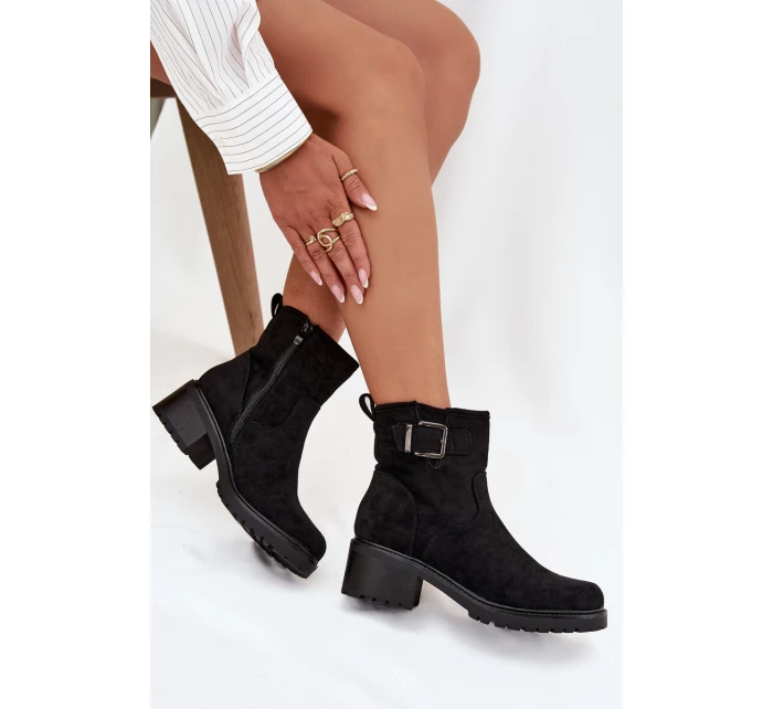 Ocieplane Botki Damskie Na Niskim Obcasie Klocku Z Klamrą Czarne  Helvina