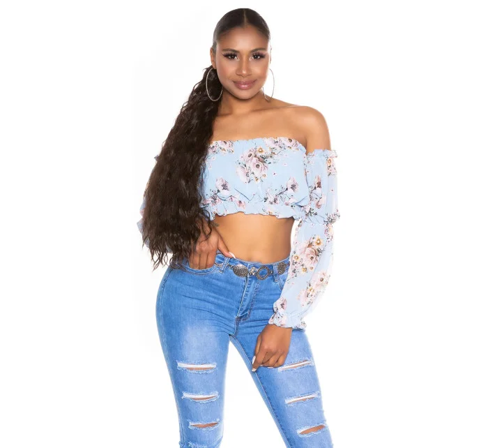 Dámsky sexy volánový top Carmen T80149 Ružová s kvetinovým vzorom - Style fashion