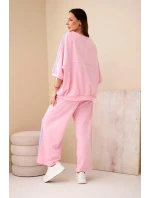 Dámsky viskózový maslový komplet so širokými nohavicami a voľnou blúzkou svetloružový